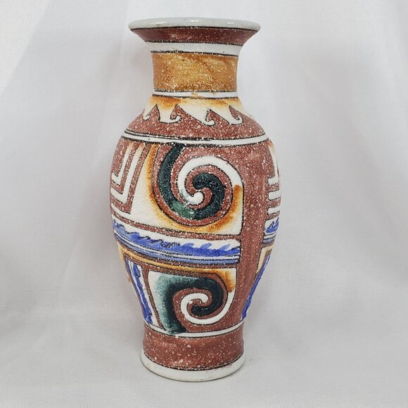 VTG Sandstone Textured Vase 6" Hand Painted Southwest Design Cream, Tan & blue - Picture 3 of 10